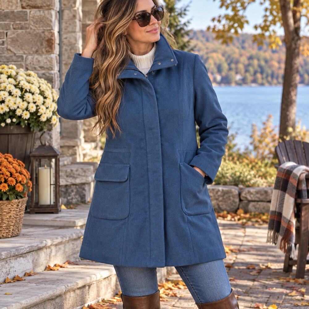 Y2K 2000s Pendleton Coat Sz 16P Blue Wool Blend Zip Jacket Old Money Preppy Mod